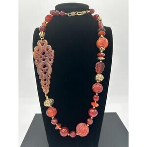 Ornate Carved Jadeite Pendant Necklace – Vintage Red Talisman Asymmetric Design